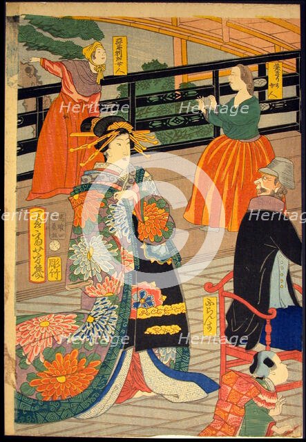 Picture of a Banquet of People of Five Nations at the Gankiro Teahouse (Gokakoku..., 1860. Creator: Utagawa Yoshiiku.