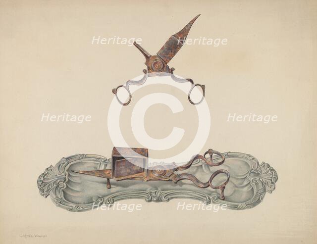 Pewter Tray and Snuffers, c. 1938. Creator: Carmel Wilson.