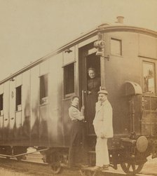 Eleanor Pray and Sarah Smith posed with their friend Mr Hunt at a Trans-Siberian railroad..., 1899. Creator: Frederick S. Pray.