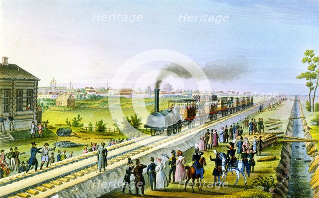 Opening of the first railway line from St Petersburg to Pavlovsk, Russia, 1830s.  Artist: Russian Master