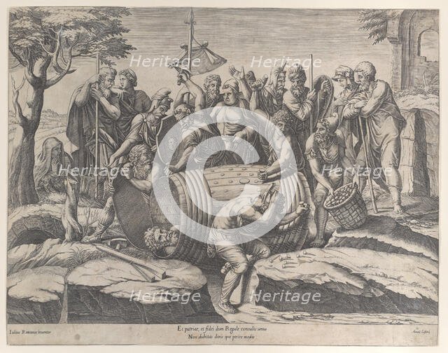 Marcus Atilius Regulus in a barrel while two men are hammering in the nails, various fi..., 1555-77. Creator: Diana Mantuana.