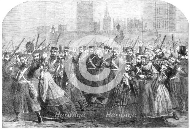 Reinforcements for Canada: the Guards crossing Westminster-Bridge on their way to the..., 1861. Creator: Unknown.
