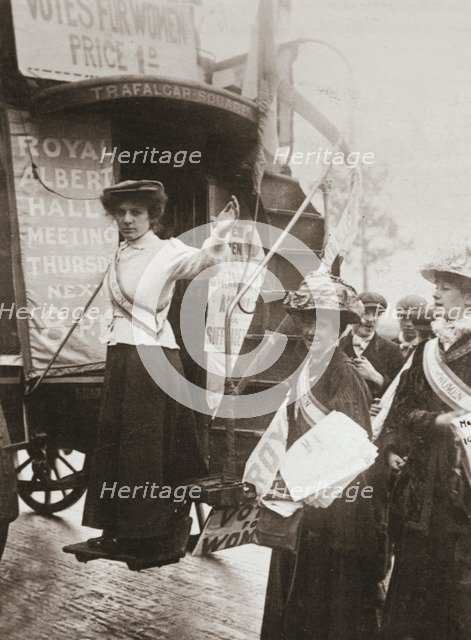Barbara Ayrton, British suffragette, campaigning on the Votes for Women bus, October 1909. Artist: Unknown