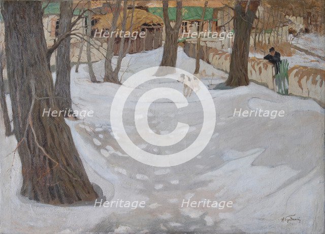 Winter Landscape with Small House and Dog.