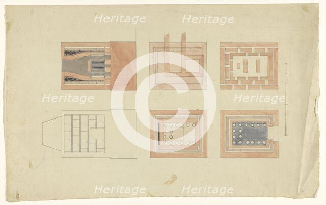 View, cross -sections and floor plans of an oven, c.1835-c.1860. Creator: Workshop of Franz Jakob Kreuter.