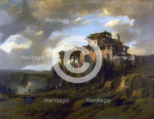 Landscape and village with figures'.