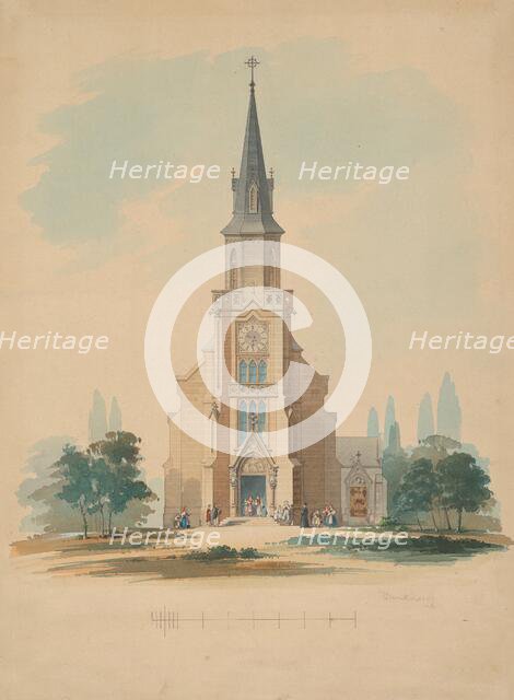 View of a village church in the neo-Gothic style, 1850-1890. Creator: Frantisek Klimkovic.