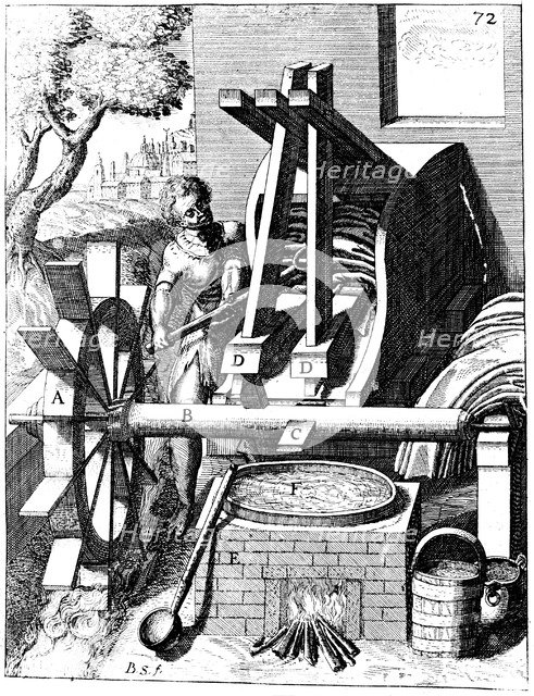 Undershot water wheel powering a fulling mill, Copperplate Engraving, 1673. Artist: Georg Andreas Bockler