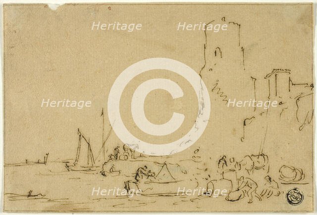 Fishermen Barreling Fish at Water's Edge, n.d. Creator: Thomas Wyck.