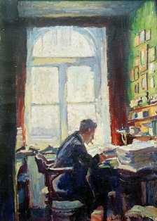 The poet Caesar Flaischlen at the desk, 1912. Creator: Linde-Walther, Heinrich Eduard (1868-1939).