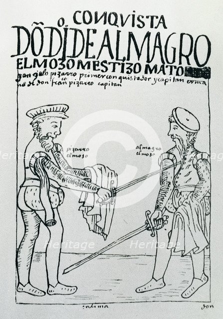 Gonzalo de Pizarro kills Diego de Almagro after defeating him in the battle of Salinas, illustrat…