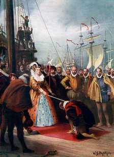 'Queen Elizabeth Knighting Sir Francis Drake', 1581, (c1920). Artist: WS Bagdatopulos