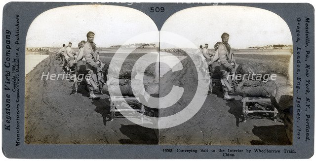 Conveying salt to the interior by wheelbarrow train, China, 1906. Artist: Keystone