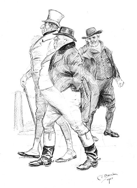 Men in 19th-century dress, 1901.Artist: Charles Edmond Brock