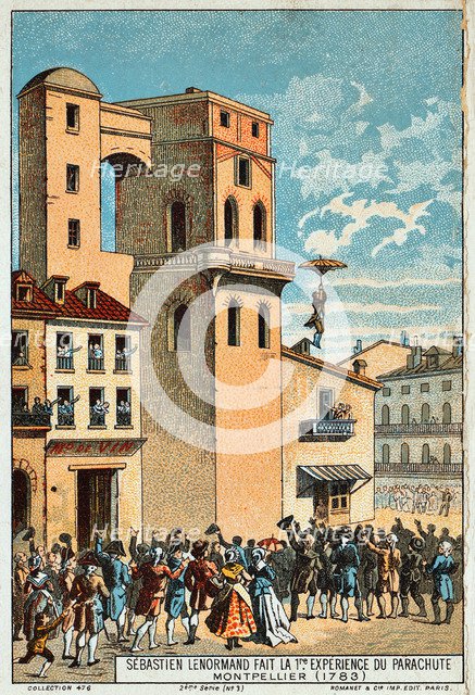 Lenormand jumps from the tower of the Montpellier observatory, 1783, 19th century. Artist: Anonymous  