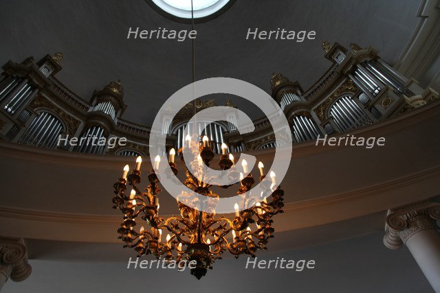 Organ and chandelier, Lutheran Cathedral, Helsinki, Finland, 2011. Artist: Sheldon Marshall