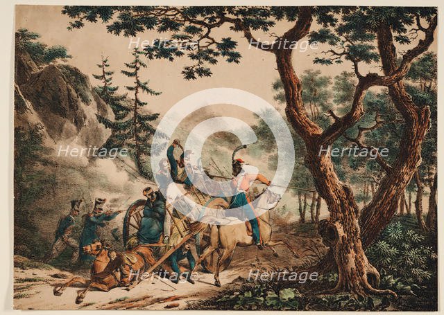 Cossacks attacking French soldiers in a forest, 1825. Artist: Anonymous  