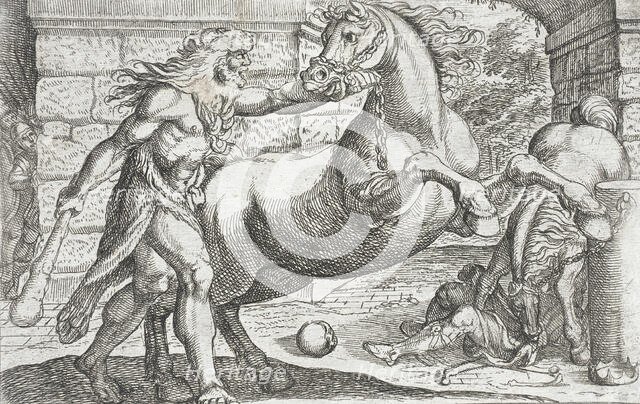 Hercules and the Mares of Diomedes, 1608. Creators: Antonio Tempesta, Nicolaus van Aelst.
