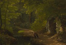 Jean-Jacques Rousseau picking flowers at the bubbling spring near the grotto in the northern park... Creator: Alexandre Haycinthe Dunouy.