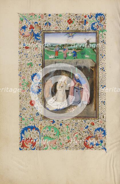 The Nativity and The Annunciation to the Shepherds; Llangattock Hours, 1450s. Creator: Master of the Llangattock Hours.