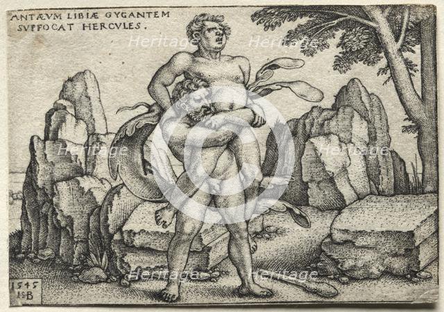 The Labors of Hercules: Hercules Crushing Antaeus, 1545. Creator: Hans Sebald Beham (German, 1500-1550).