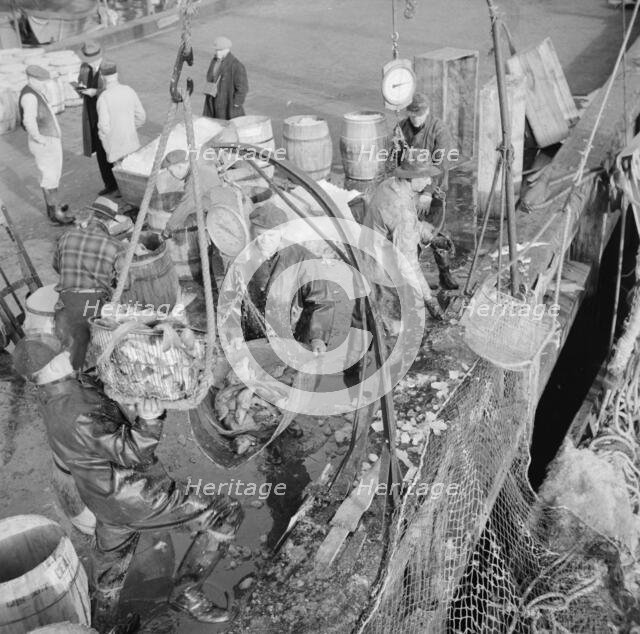 Stevedores at the Fulton fish market unloading fish from boats caught..., New York, 1943. Creator: Gordon Parks.