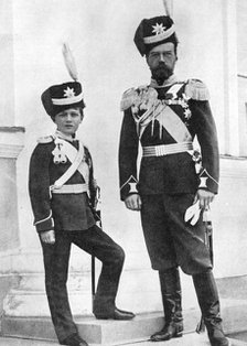 Tsar Nicholas II of Russia and his son, Alexei, in military uniform, c1910-c1916 Artist: Unknown