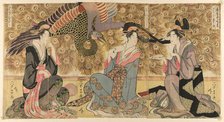 A parody of courtesans on display at the Ogiya (Ogiya mise yatsushi), c. 1795. Creator: Chokosai Eisho.
