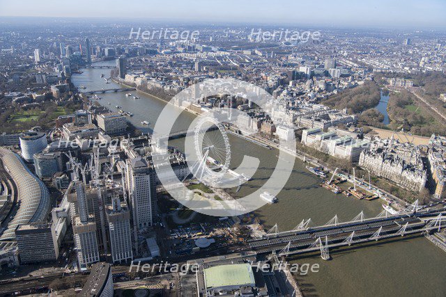 View south-west along the River Thames towards Westminster, London, 2018. Creator: Historic England Staff Photographer.