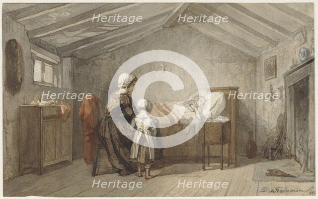 Mother and daughter at a child's sickbed, 1862. Creator: Diederik Franciscus Jamin.
