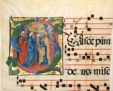 Manuscript Illumination with the Presentation in the Temple in an Initial S, from a Gradual,1450-60. Creator: Unknown.