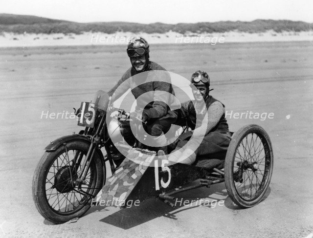 CE Edwards on a Brough Superior, Pendine Sands, Carmarthenshire, Wales, (c1920s?). Artist: Unknown