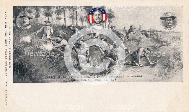 'Charge of the Rough Riders upon the Spaniards in Ambush, La Quasina, June 24, 1898', c1900. Artist: Unknown.