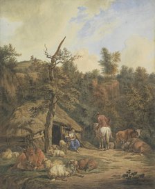 Shepherd, shepherdess and cattle resting in front of a dilapidated stable, 1820-1872. Creator: Hendrik Abraham Klinkhamer.