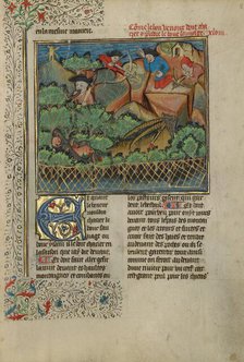 Hunters and Dogs Pursuing a Wild Goat; Livre de la Chasse; A Boar Hunt, about 1430-1440. Creator: Unknown.