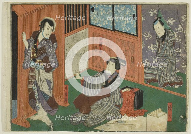 Actors as Genroku, Otsuma, and Shokuro, from an untitled series of half-block..., c. 1851/52. Creator: Utagawa Kunisada.