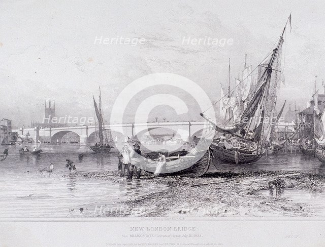 London Bridge (old and new), London, 1833. Artist: Edward William Cooke