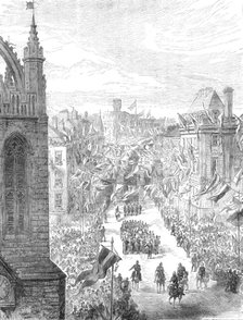 The George Stephenson Centenary at Newcastle-On-Tyne: procession passing St. Nicholas Church, 1881. Creator: Unknown.
