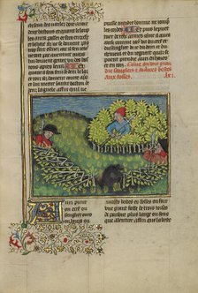 Hunters Driving a Wild Boar into a Pit; Livre de la Chasse, about 1430-1440. Creator: Unknown.