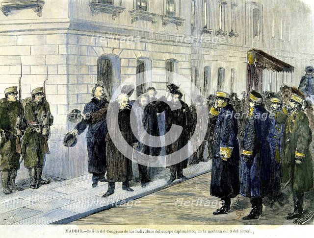 Coup d'état 1874, exit of diplomatic corps from Congress,' engraving from 'Ilustración española y…