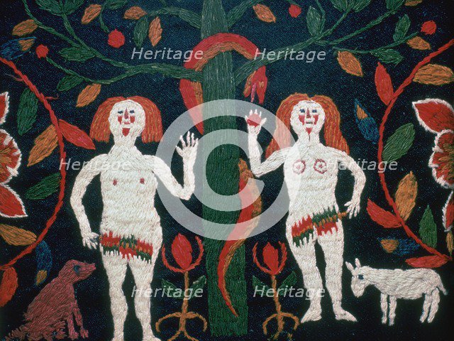 Swedish embroidery of Adam, Eve, and the serpent, 19th century. Artist: Unknown