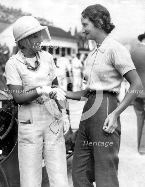 Kaye Petre (left) with Elsie Wisdom at Brooklands. Creator: Unknown.