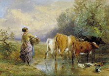 'A Girl driving Cattle across a Stream', 19th century. Creator: Birket Foster.