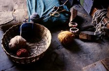 Wool yarns, Tibetan refugee carpet weaving project, Dharamsala, India, 1988. Creator: Amanda Waite.