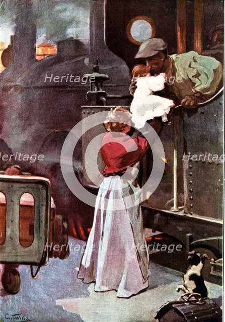 The engineer's goodbye in the train station of Madrid, drawing by Vicente Cutanda.