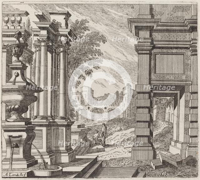 Architectural Fantasy with a Fountain, Classical Ruins, and a Bridge, before 1753. Creator: Giuseppe Antonio Landi.