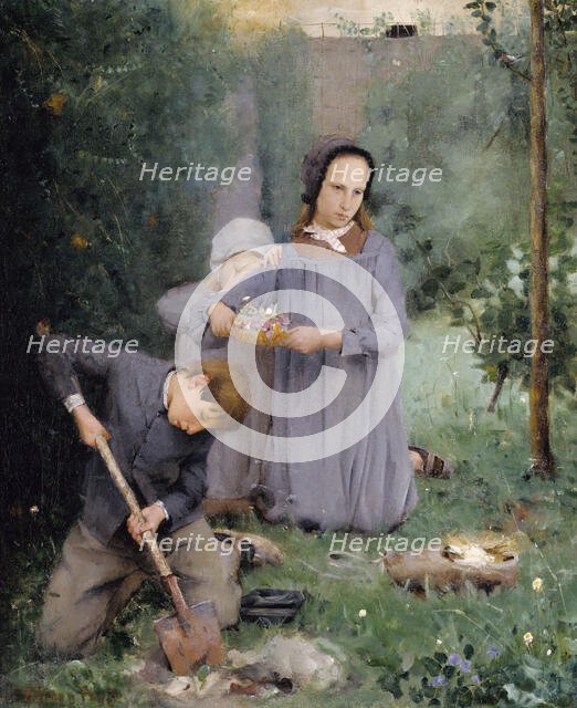 Children Burying a Bird, 1878. Creator: Julian Alden Weir.