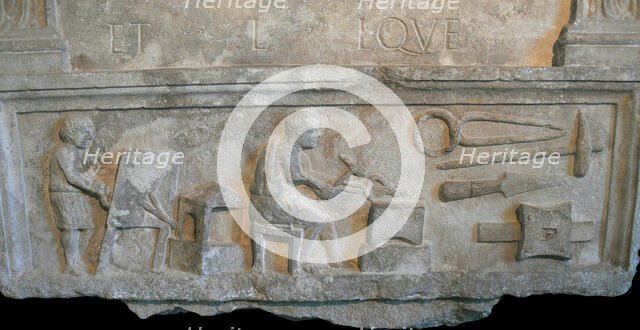 Funeral stele depicting a blacksmith's forge, 1st century. Creator: Classical Antiquities.