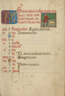 September Calendar Page; Harvesting Grapes; Book of Hours, about 1460. Creator: Unknown.