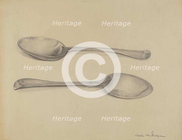 Two Silver Soup Spoons, c. 1936. Creator: Charles Garjian.